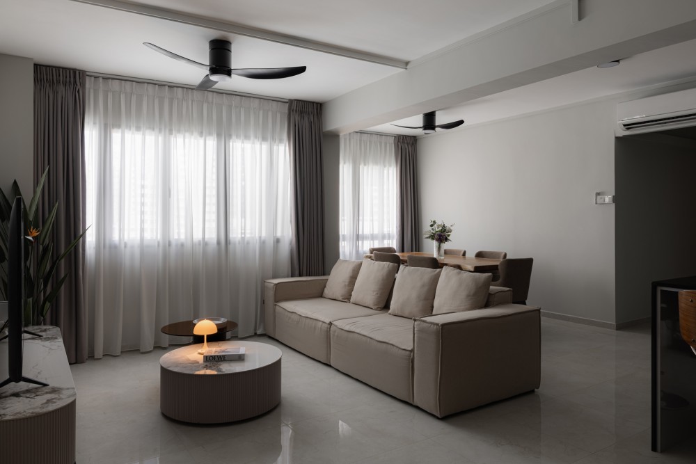 Contemporary Living Room with TV Console and Ceiling Fan