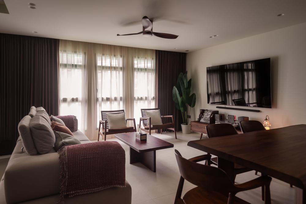 Vintage Living Room with TV Console and Dining Chairs