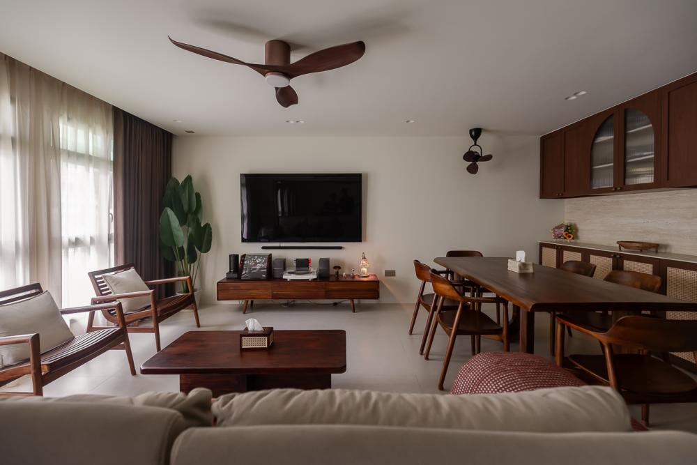 Vintage Living Room with TV Console and Dining Chairs