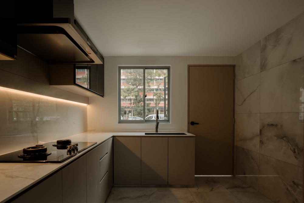 Modern Kitchen with Countertop and Cement Floor