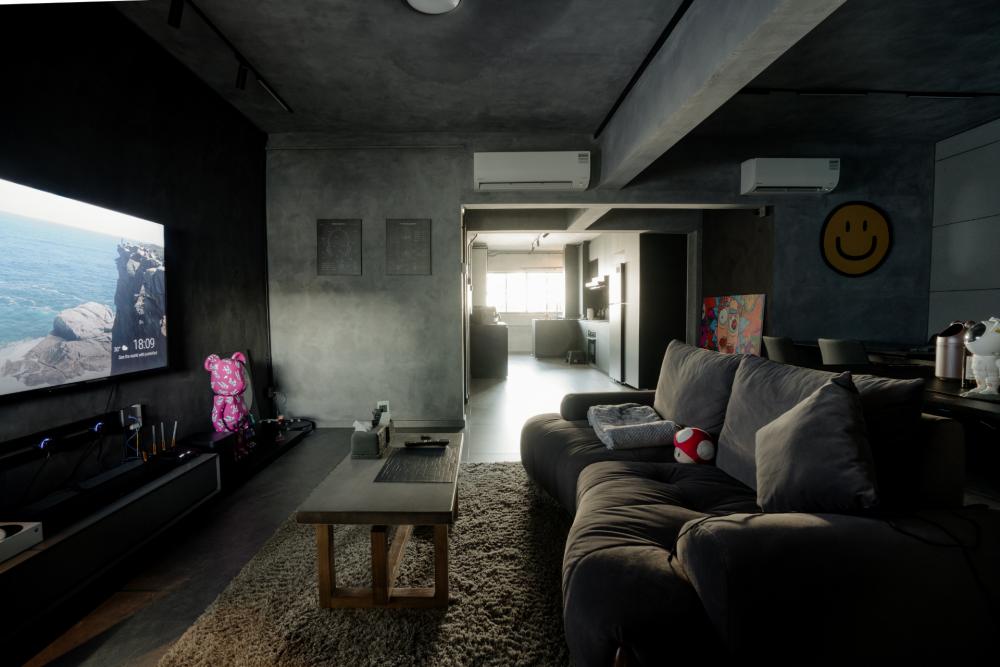 Industrial Living Room with Homogeneous Tiles and Herringbone Tiling