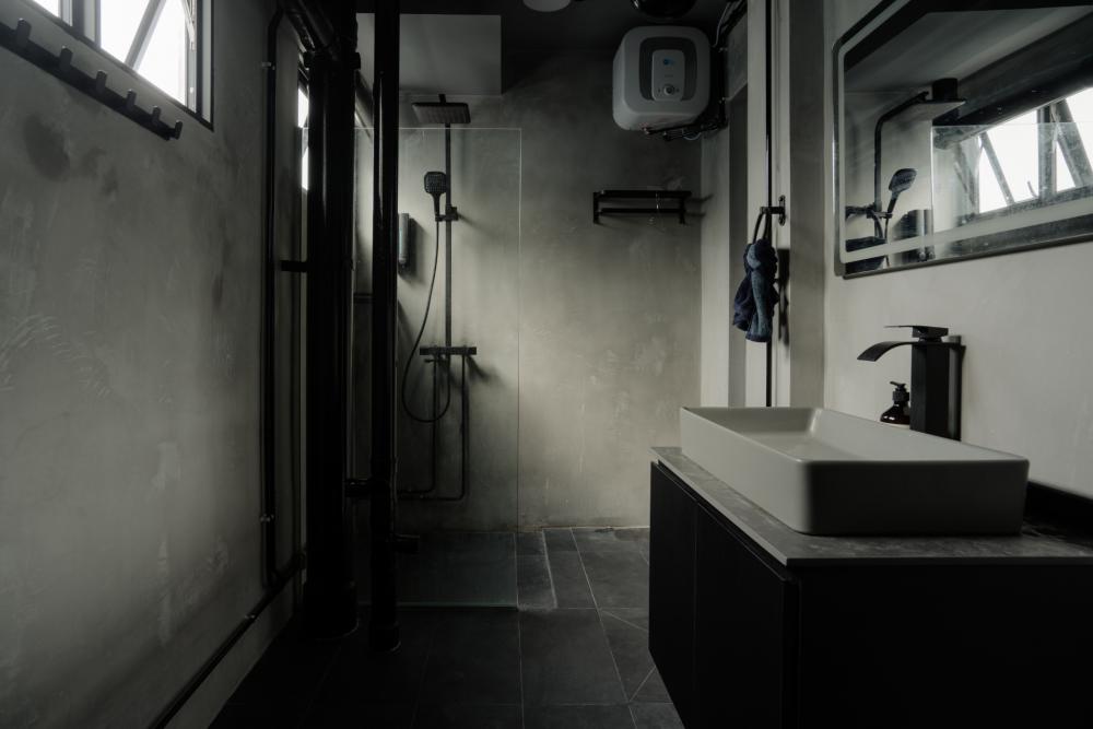 Industrial Bathroom with Herringbone Tiling and Granite Floor