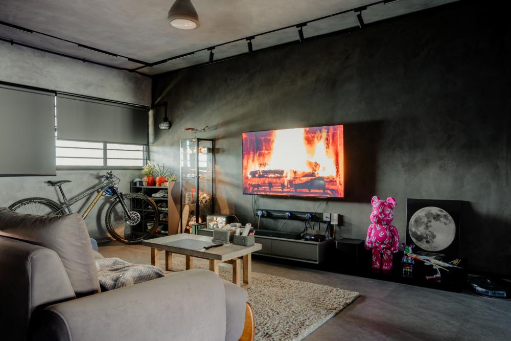 Industrial Living Room with Granite Floor and TV Console