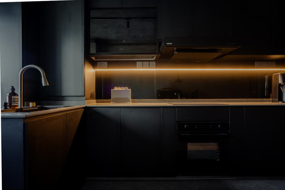 Industrial Kitchen with Herringbone Tiling and Parquet Floor