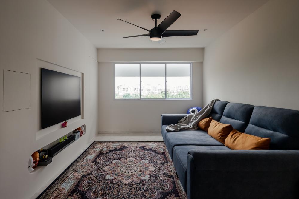 Contemporary Living Room with Marble Floor and Feature Wall