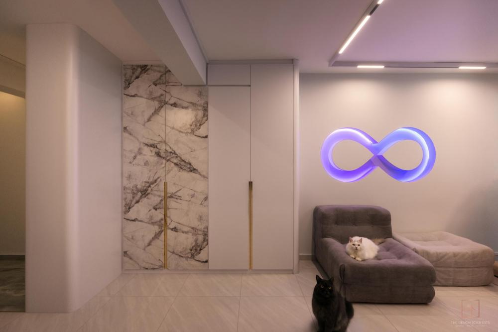 Contemporary Living Room with Homogeneous Tiles and Feature Wall