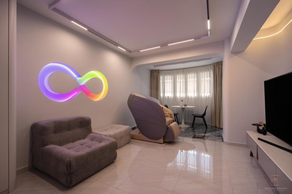 Contemporary Living Room with Homogeneous Tiles and TV Console