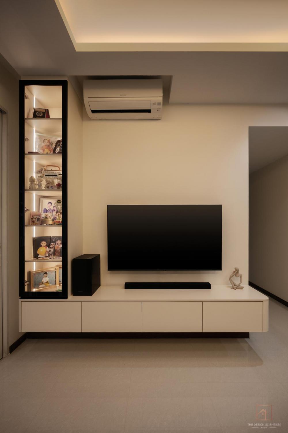 Scandinavian Living Room with TV Console and Cove Lighting