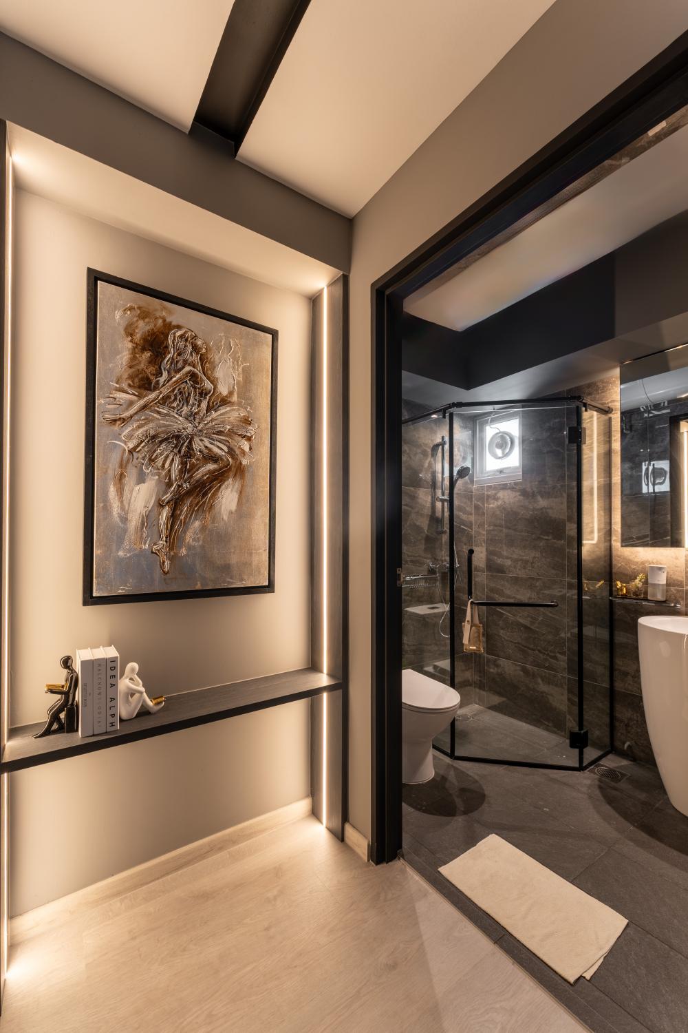 Modern Hallway with Bookshelf and Artwork