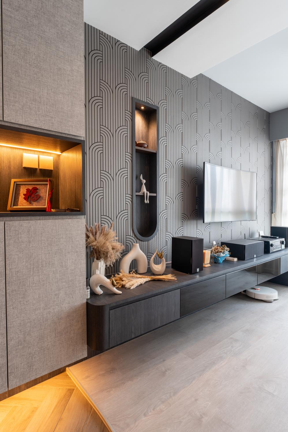 Modern Living Room with Bookshelf and Herringbone Tiling