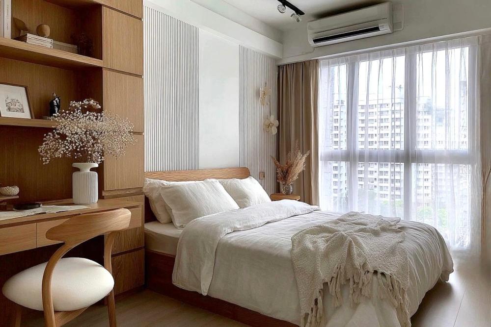 Contemporary Bedroom with Bookshelf and Wood Flooring
