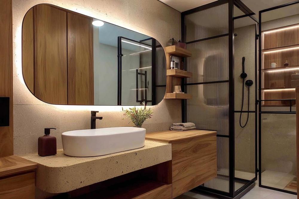 Contemporary Bathroom with Mirror and Mosaic