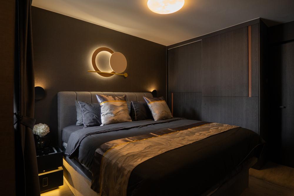 Modern Bedroom with Marble Floor and Wood Flooring