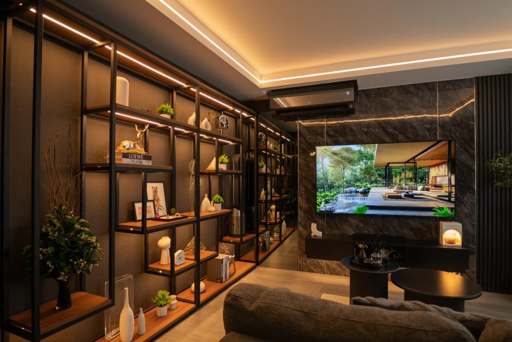 Modern Living Room with Bookshelf and TV Console