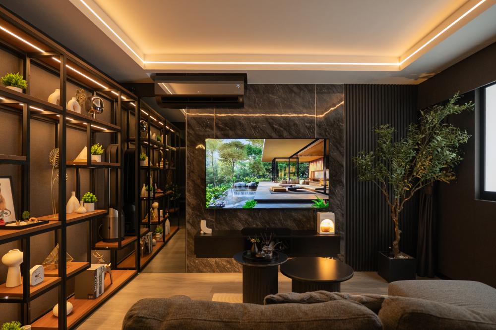 Modern Living Room with Bookshelf and TV Console
