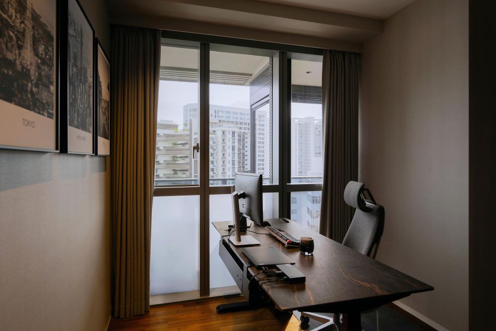 Contemporary Home Office with Wallpaper and Curtain