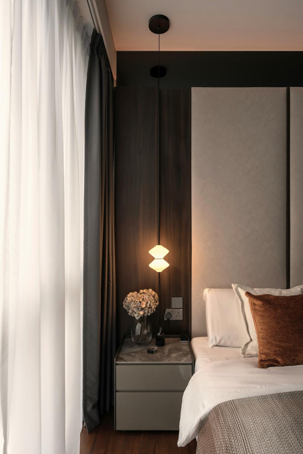 Contemporary Bedroom with Wood Flooring and Curtain