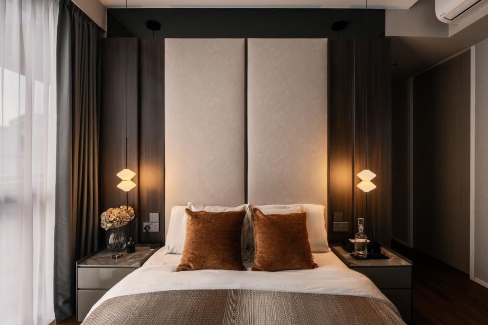 Contemporary Bedroom with Platform Bed and Drop Light