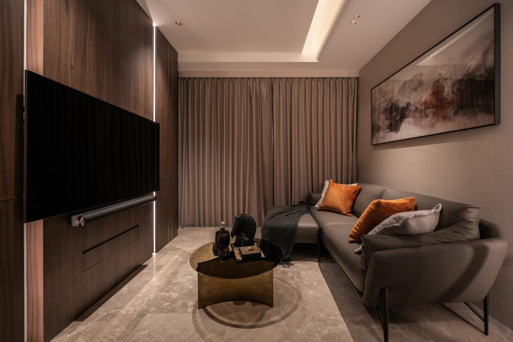 Contemporary Living Room with Cement Floor and TV Console