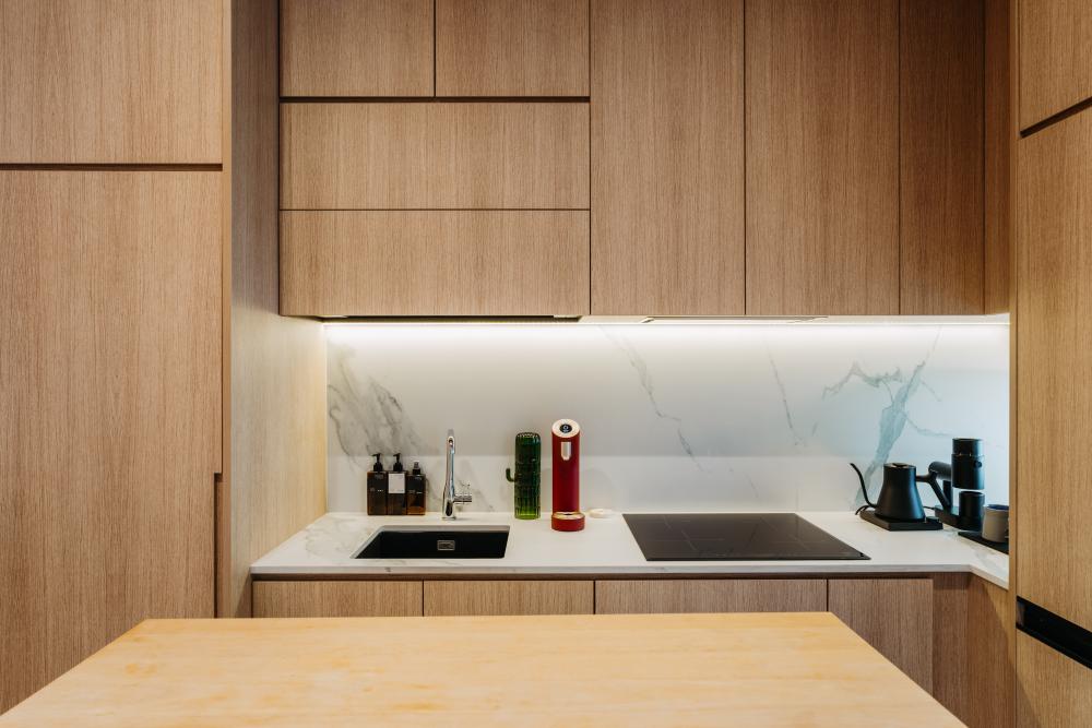 Scandinavian Kitchen with Countertop and Kitchen Backsplash
