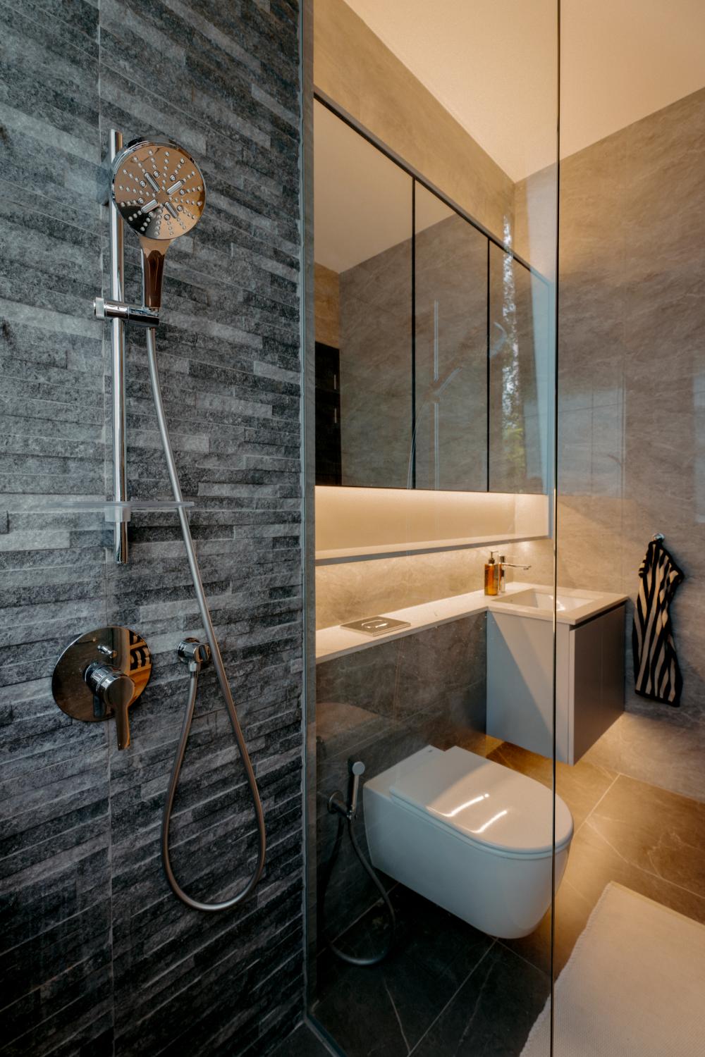 Scandinavian Bathroom with Shower Screen and Bathroom Storage