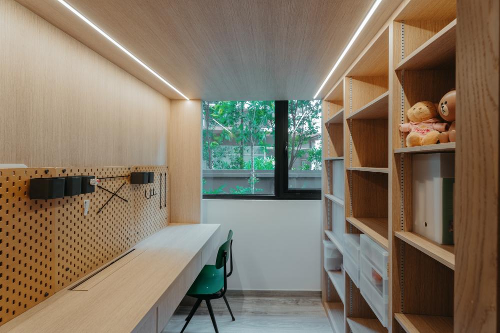 Scandinavian Bedroom with Bookshelf and Lighting