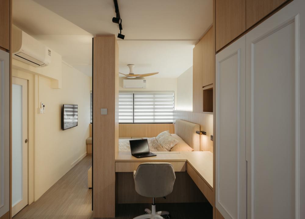 Contemporary Bedroom with Bookshelf and Lighting