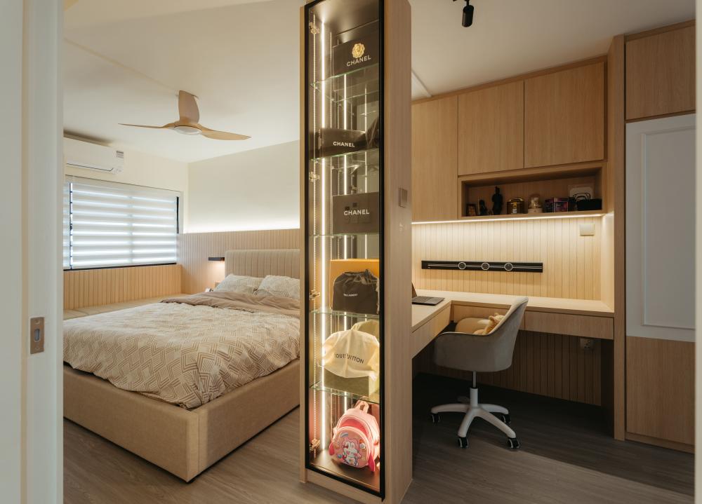 Contemporary Bedroom with Bookshelf and Lighting