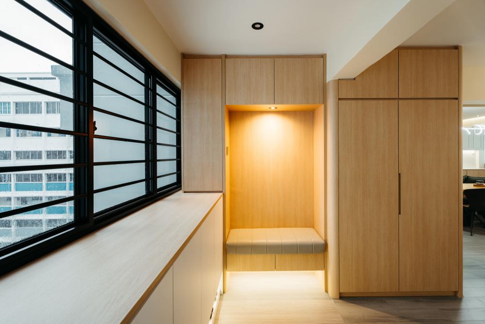 Contemporary Entryway with Seating Bench and Shoe Rack