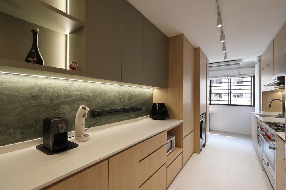 Contemporary Kitchen with Kitchen Window and Cupboard