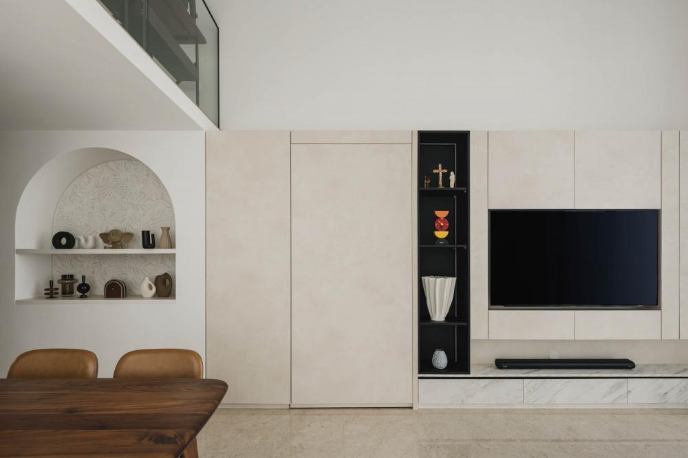 Contemporary Living Room with Marble Floor and TV Console