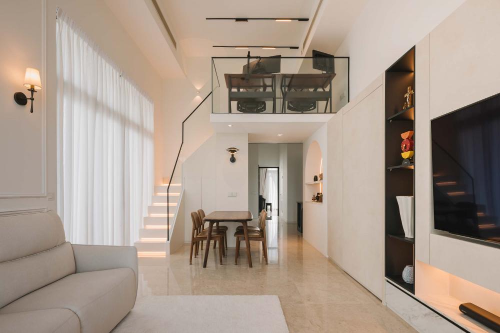 Contemporary Living Room with Marble Floor and Feature Wall