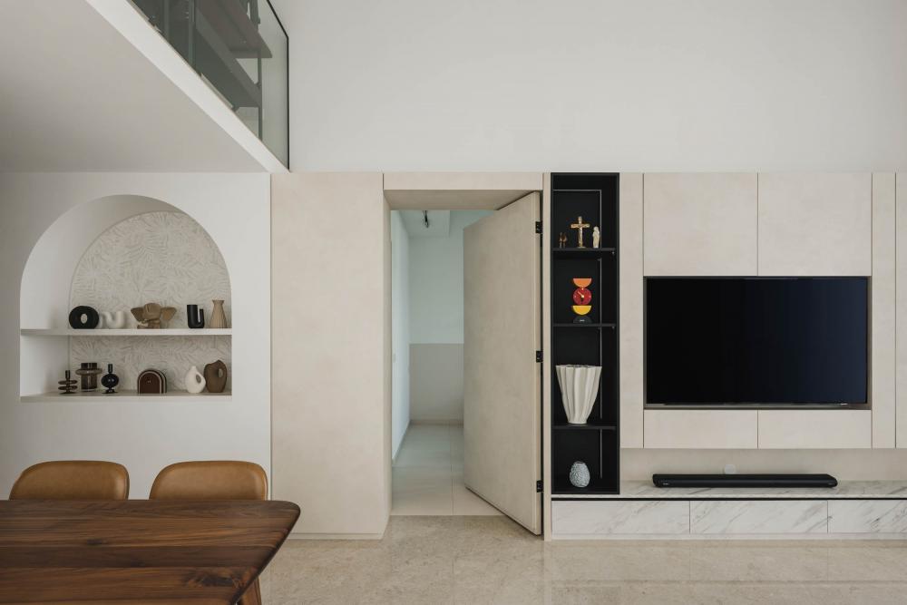 Contemporary Living Room with Marble Floor and TV Console