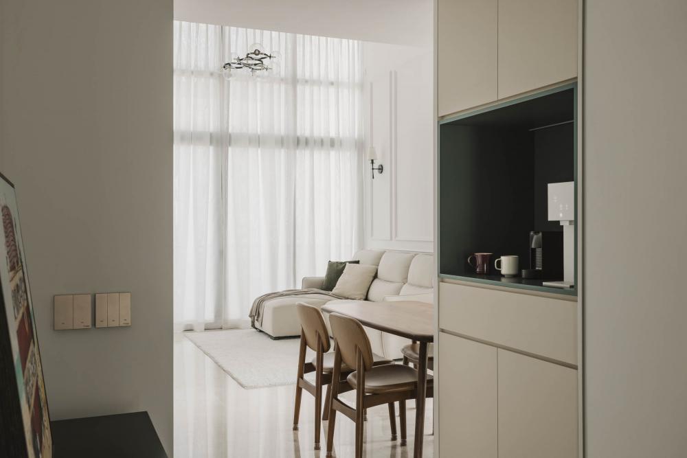 Contemporary Living Room with Marble Floor and Panelling