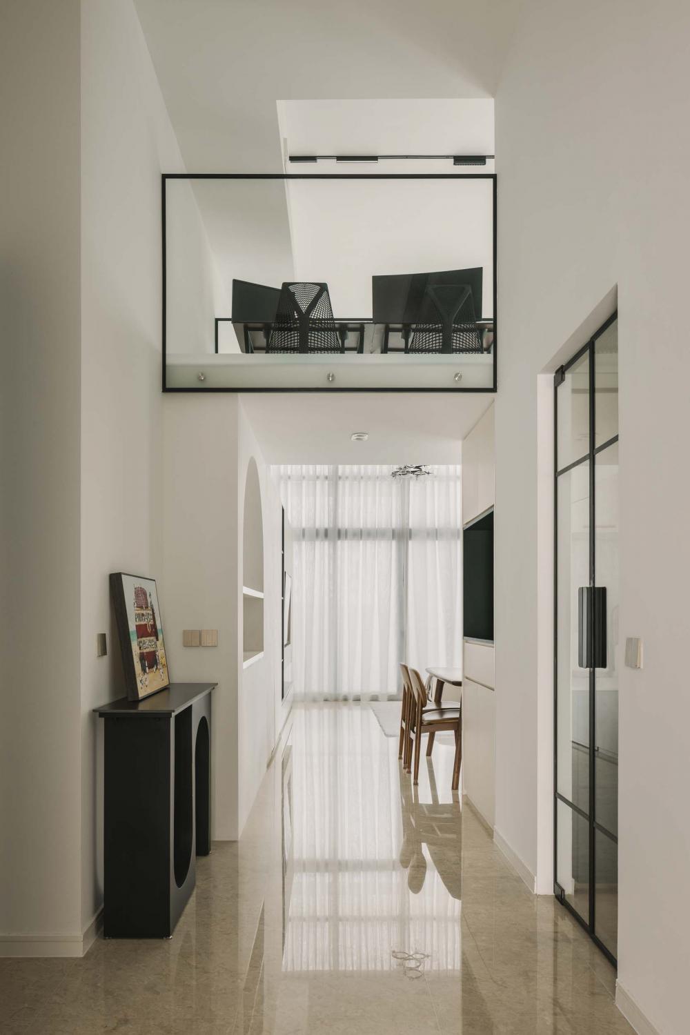 Contemporary Living Room with Marble Floor and Curtain