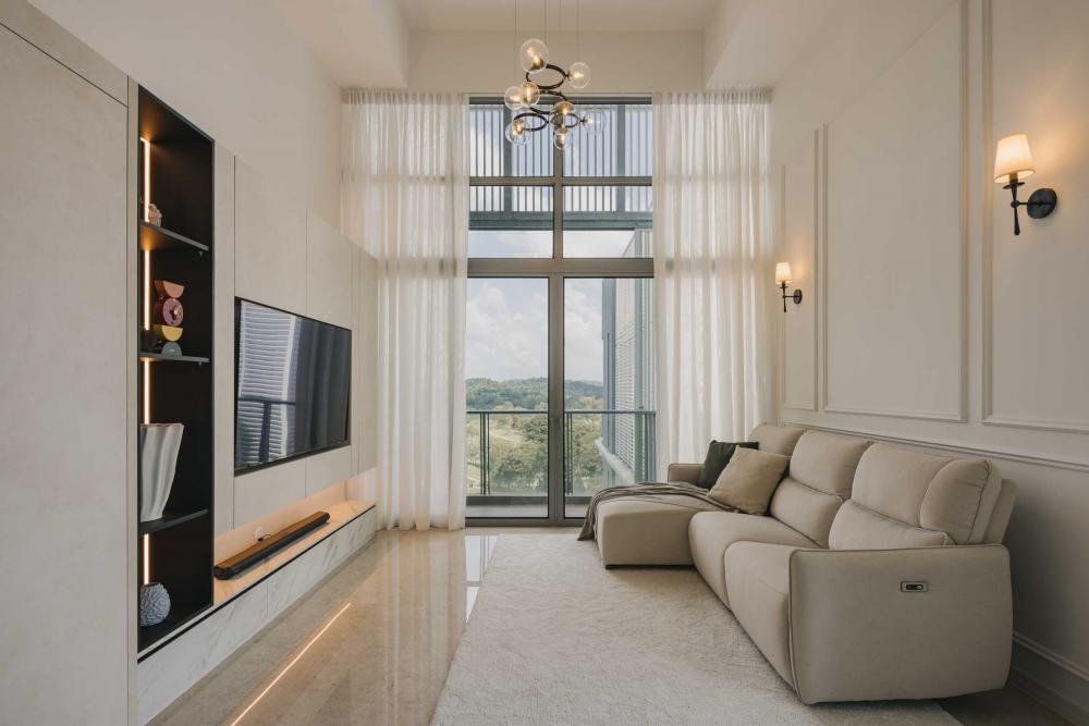 Contemporary Living Room with TV Console and Ceiling Light