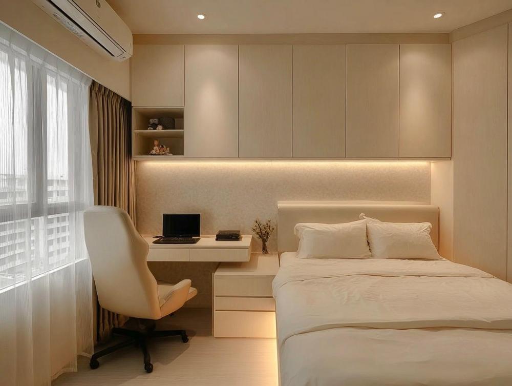 Contemporary Bedroom with Bookshelf and Ceiling Light