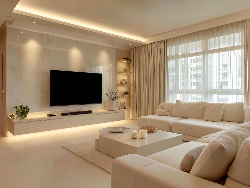 Contemporary Living Room with TV Console and Feature Wall