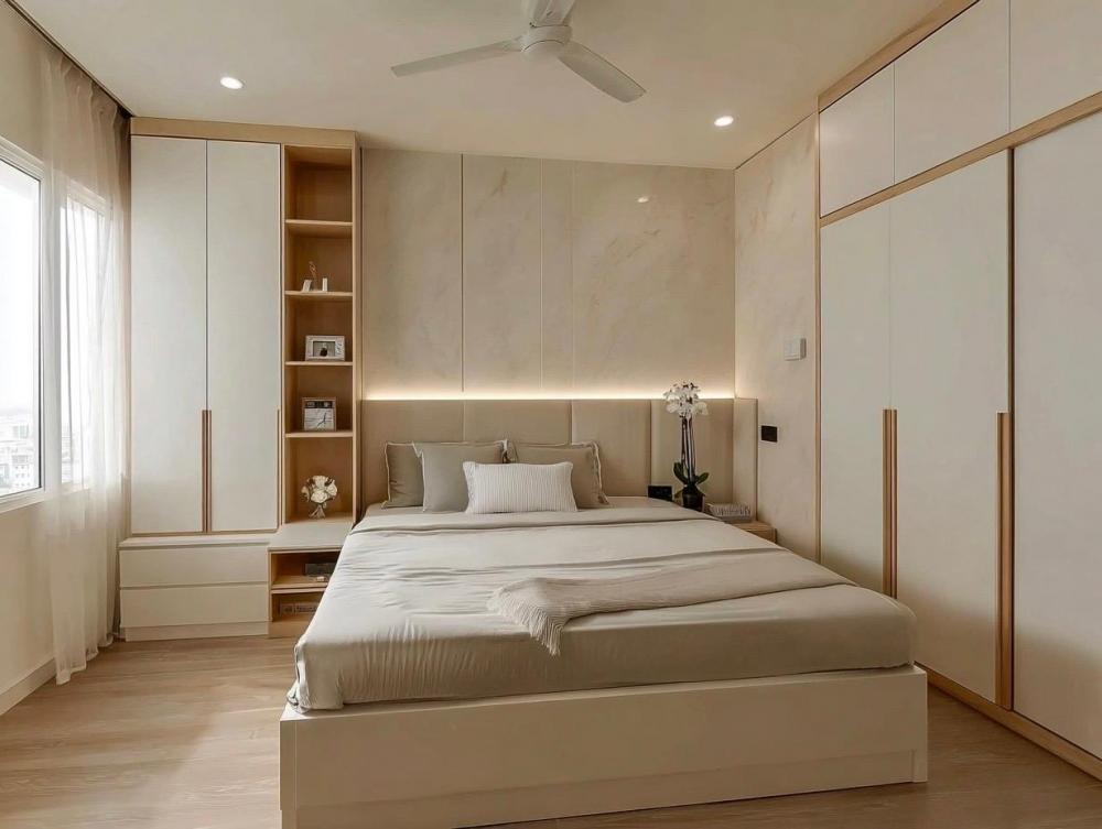 Contemporary Bedroom with Bookshelf and Vinyl Flooring
