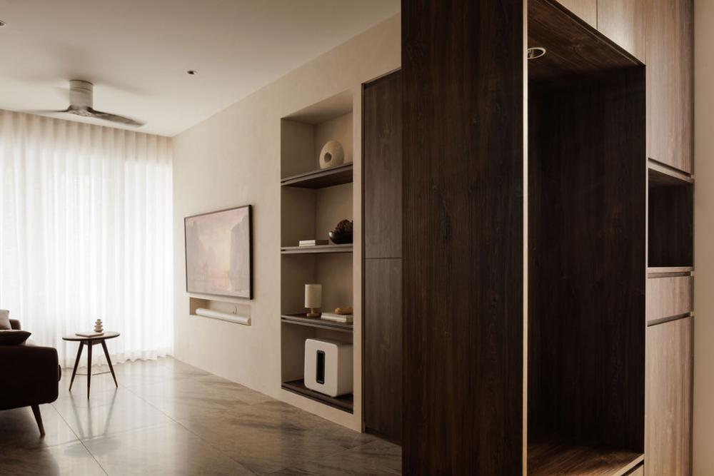 Minimalist Living Room with Bookshelf and Feature Wall