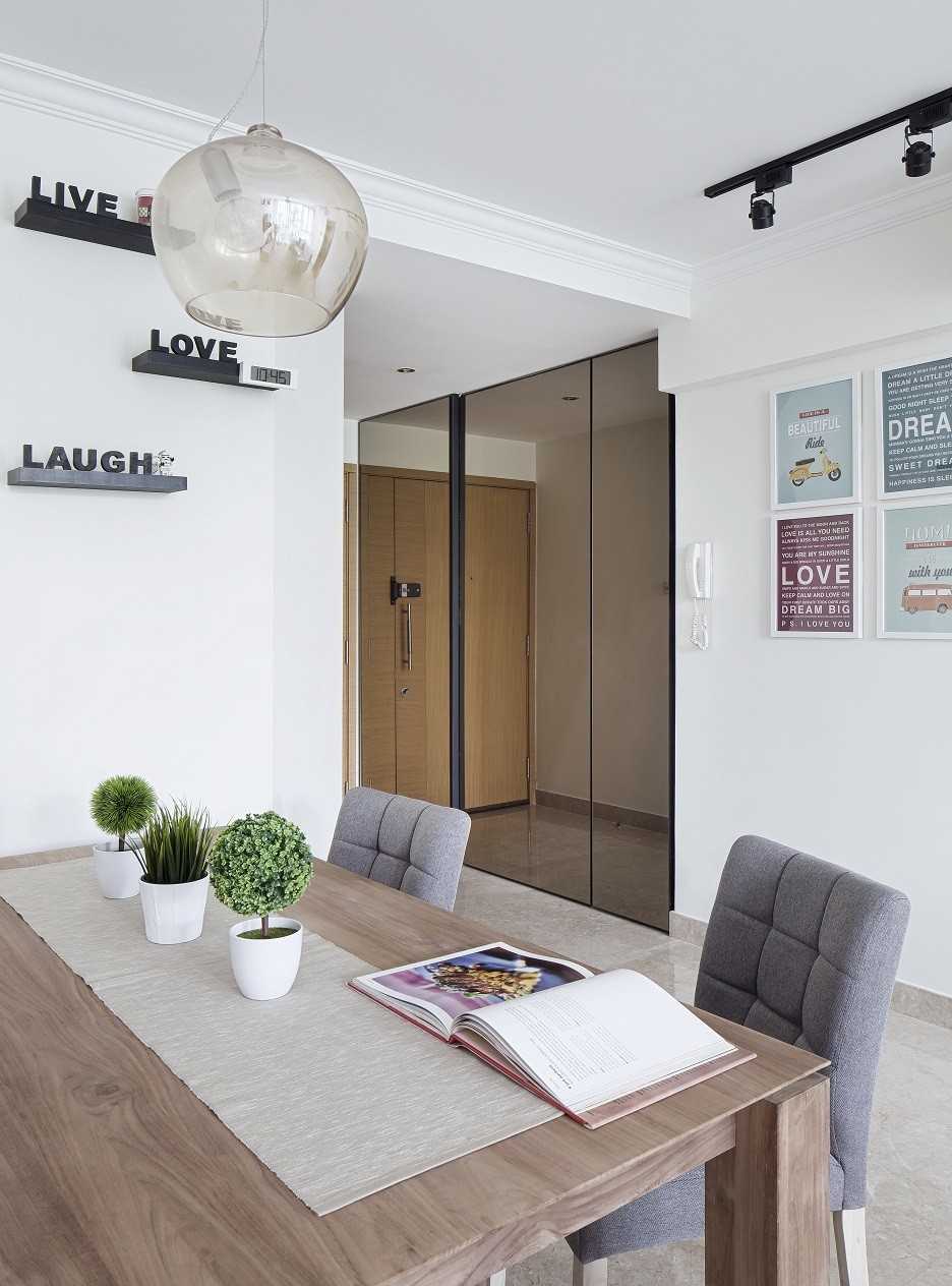 Minimalist Dining Room with Mirror and Wall Shelves