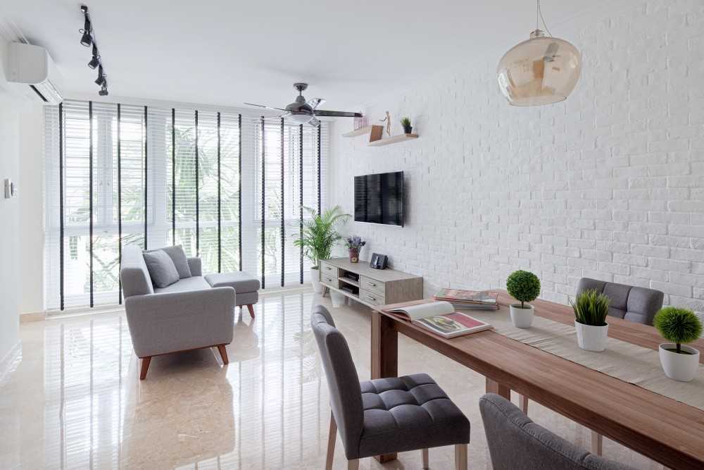 Minimalist Living Room with Feature Wall and Brick Feature Wall