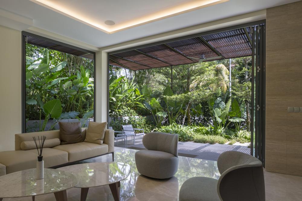 Contemporary Living Room with Marble Floor and Feature Wall