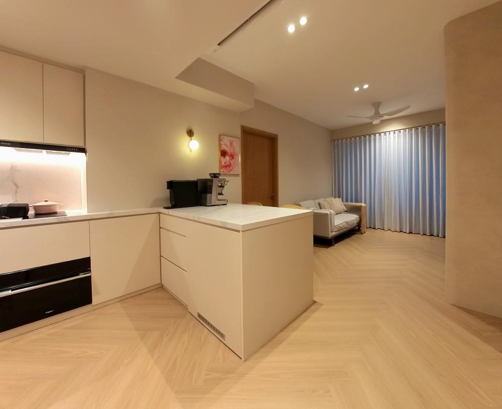 Scandinavian Kitchen with Vinyl Flooring and Kitchen Island