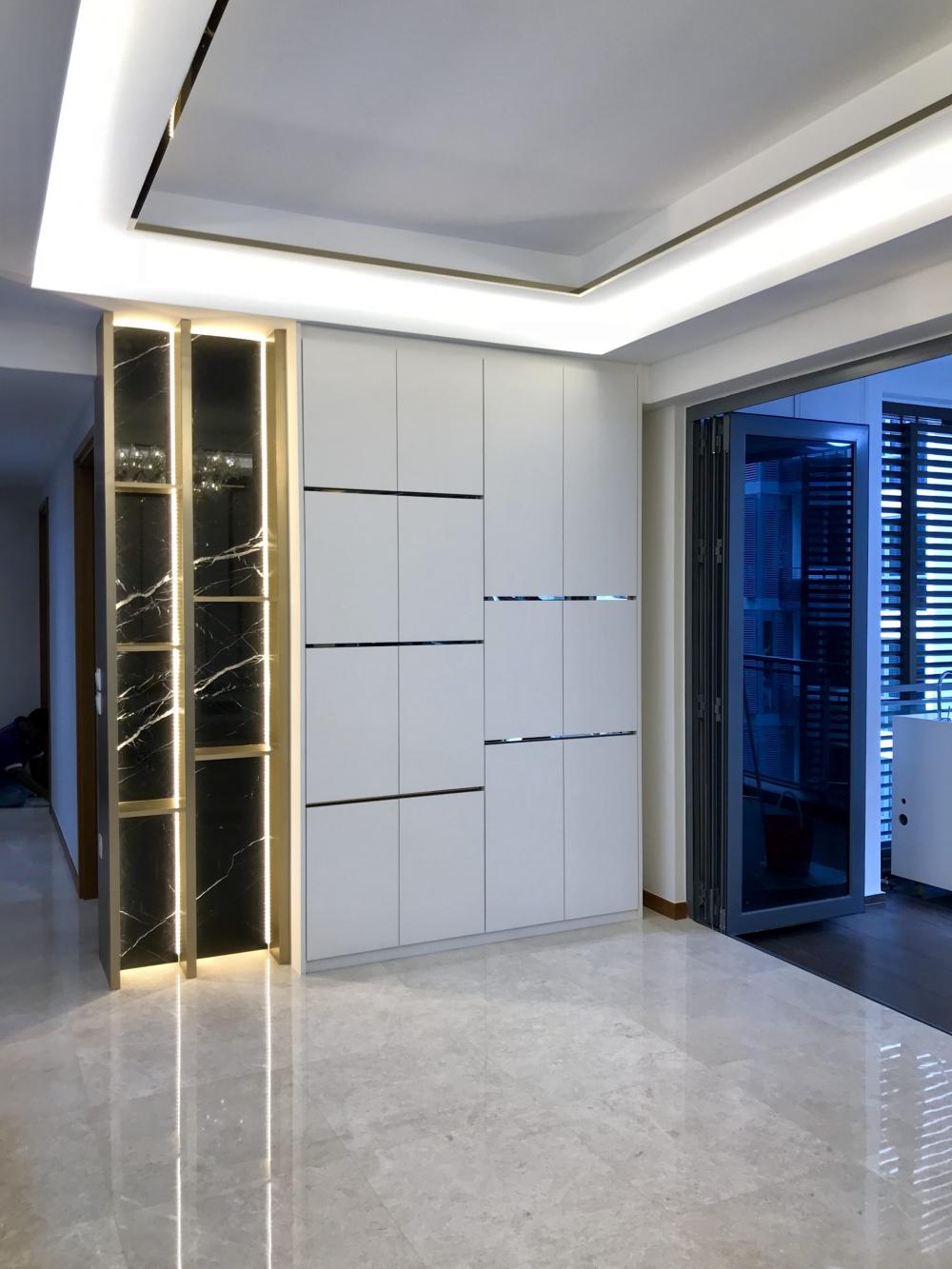 Contemporary Living Room with Marble Floor and Feature Wall