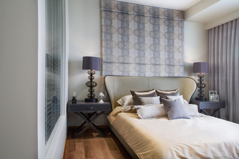 Contemporary Bedroom with Parquet Floor and Bedside Table