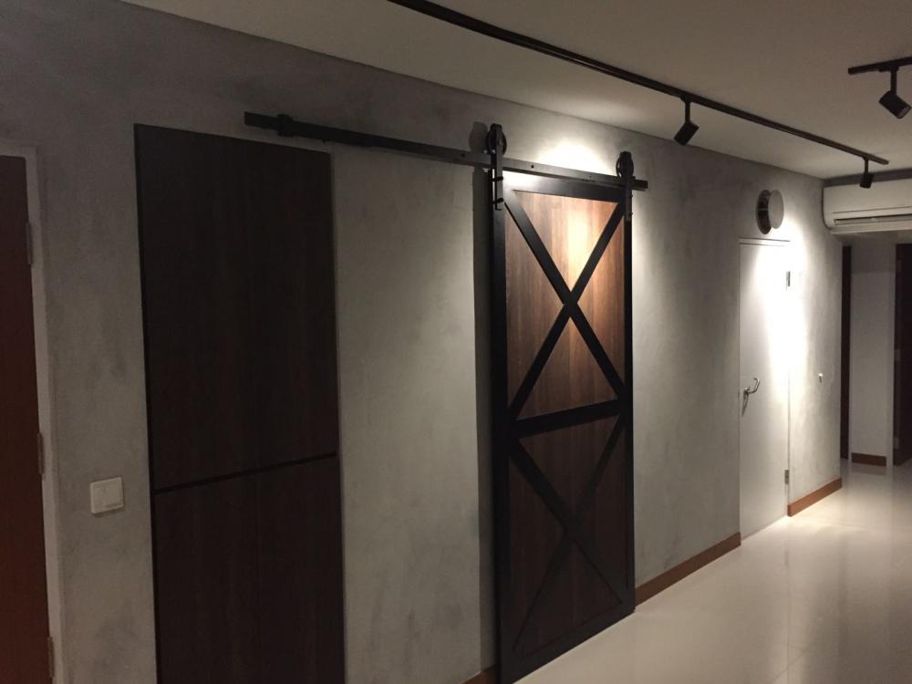Industrial Living Room with Lighting and Doors