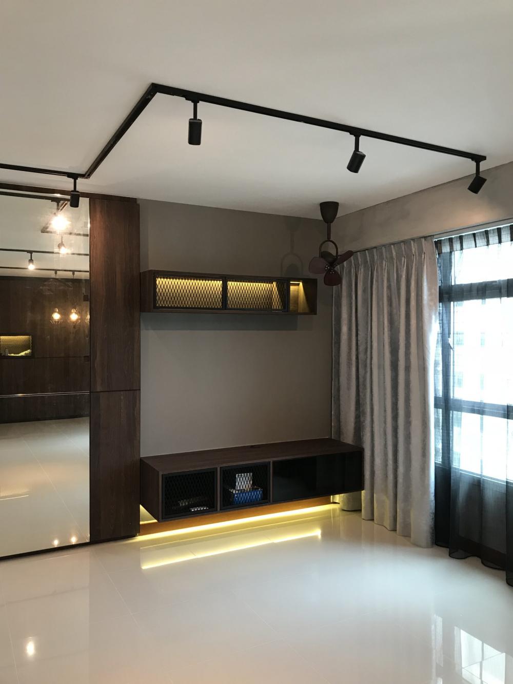 Industrial Living Room with TV Console and Feature Wall
