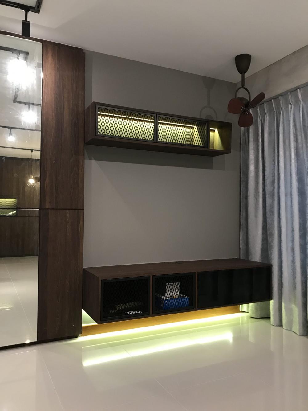 Industrial Living Room with TV Console and Feature Wall