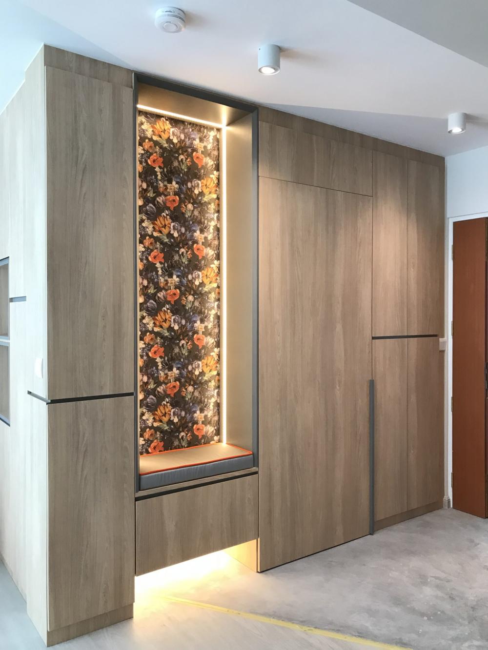 Contemporary Entryway with Seating Bench and Shoe Cabinets